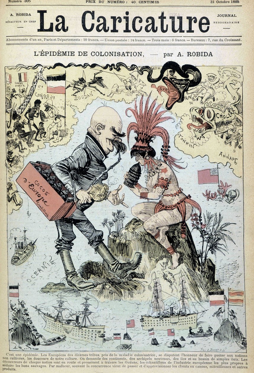 Koloniseringsepidemien: antikolonialistisk tegning af Robida - i "" La Caricature"" af 31/10/1885 af Albert Robida