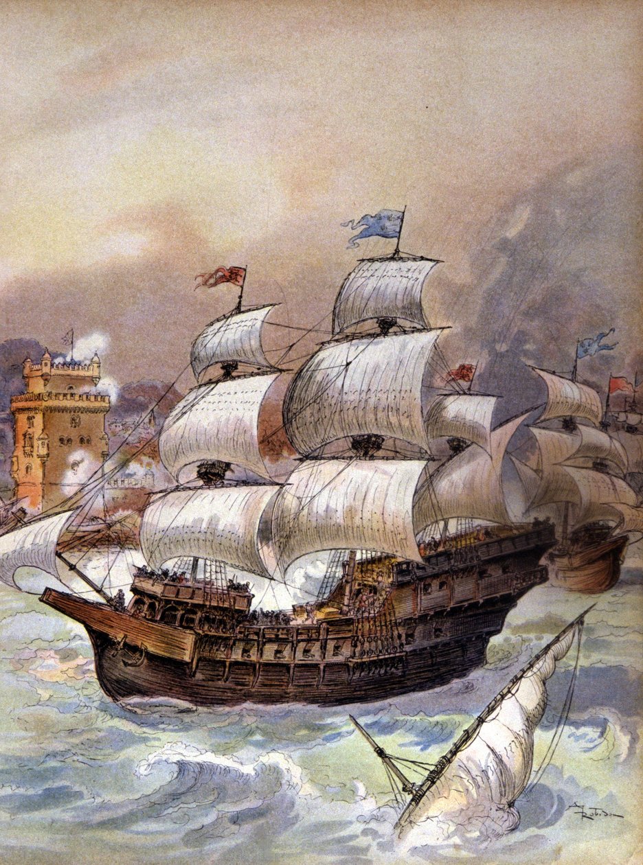Jean Angos flåde blokerer Tejo og truer Lissabon, ca. 1909 (illustration) af Albert Robida