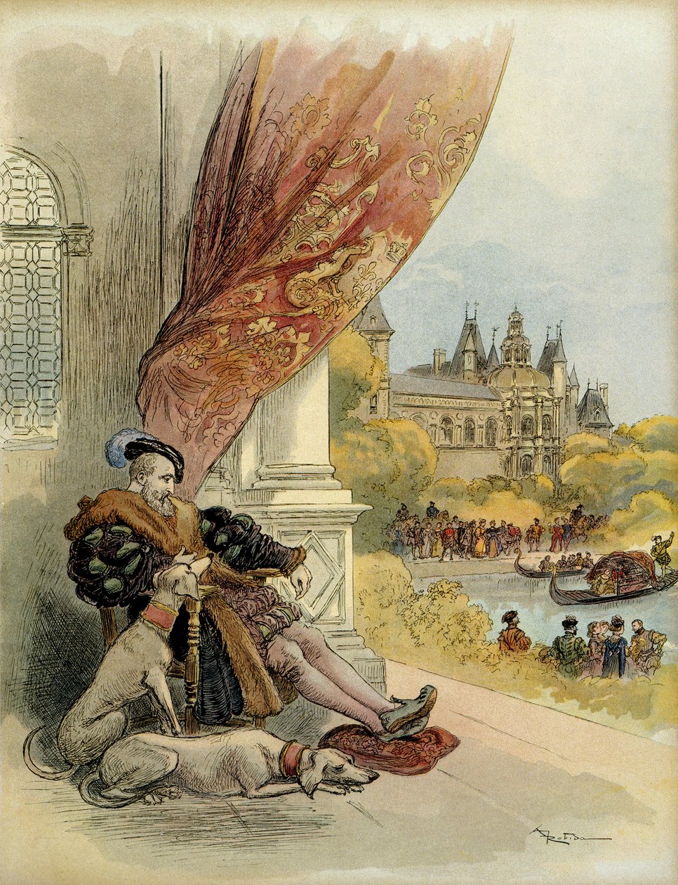 De sidste dage af Francois 1. (1494-1547), på slottet Rambouillet. Illustration af Albert Robida