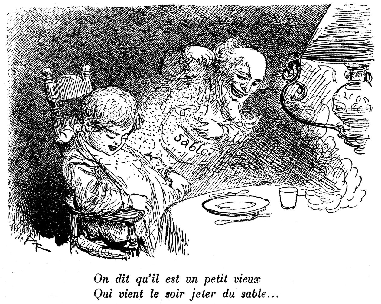 Sandhandleren er gået! Barn sover efter at have spist. Søvn. "" De siger, han er en lille gammel mand, der kommer for at kaste sand om natten..." Tegning af Albert Robida (1848-1926) i en bog med børnelæsninger 1920-1930. af Albert Robida