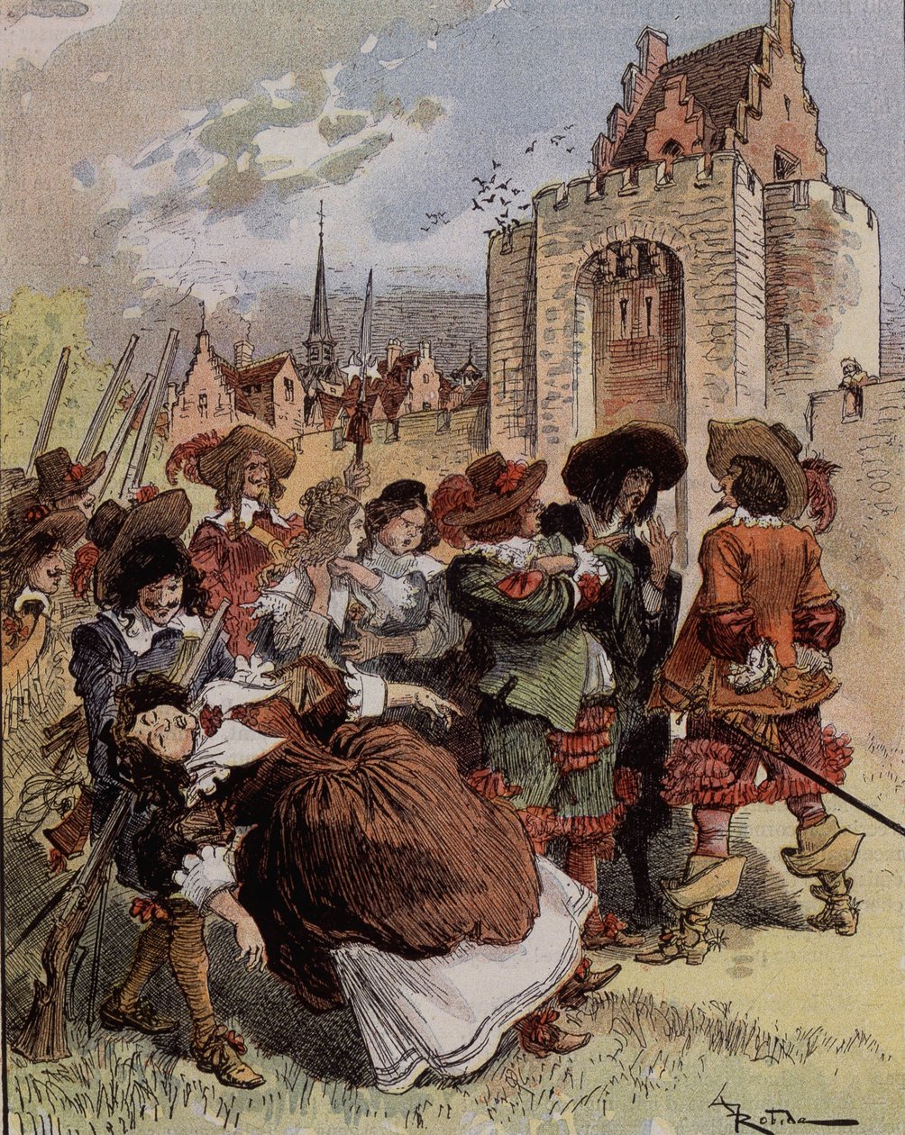 Kaptajn Bellormeaus generthed - "" Madame de Malicorne faldt i armene på en sergent"". Karakter fra Albert Robidas bog. Forside "" Den lille franskmand illustreret"" fra 20/01/1900. af Albert Robida