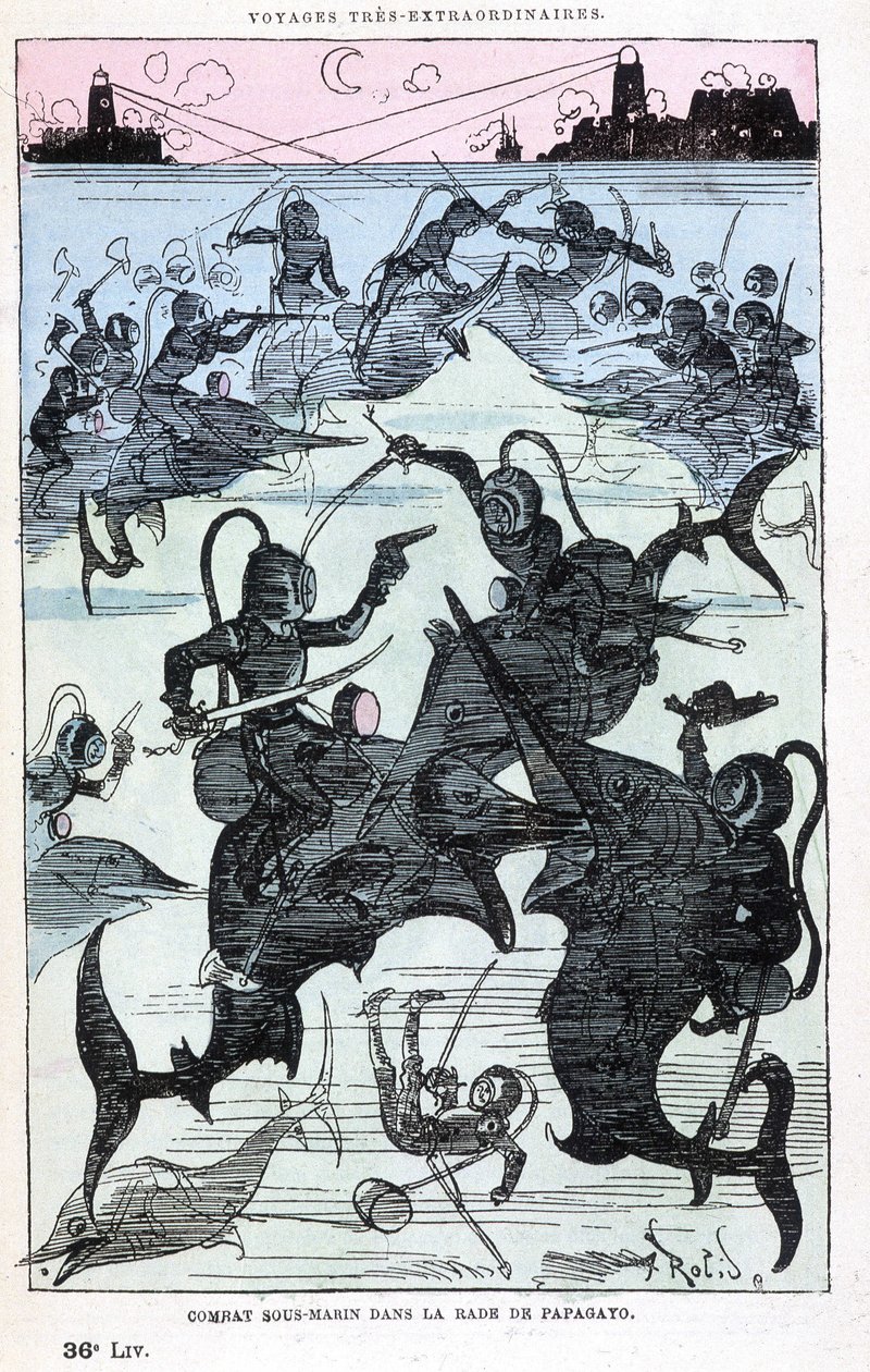 Undervandskamp i bugten Papagayo (scaphandlere rider på fisk), parodi på Jules Verne, "" Meget ekstraordinære rejser af Saturnin Farandoul i 5 eller 6 dele af verden og i alle lande kendt eller ukendt for Mr. Jules Verne" af Robida, Paris af Albert Robida