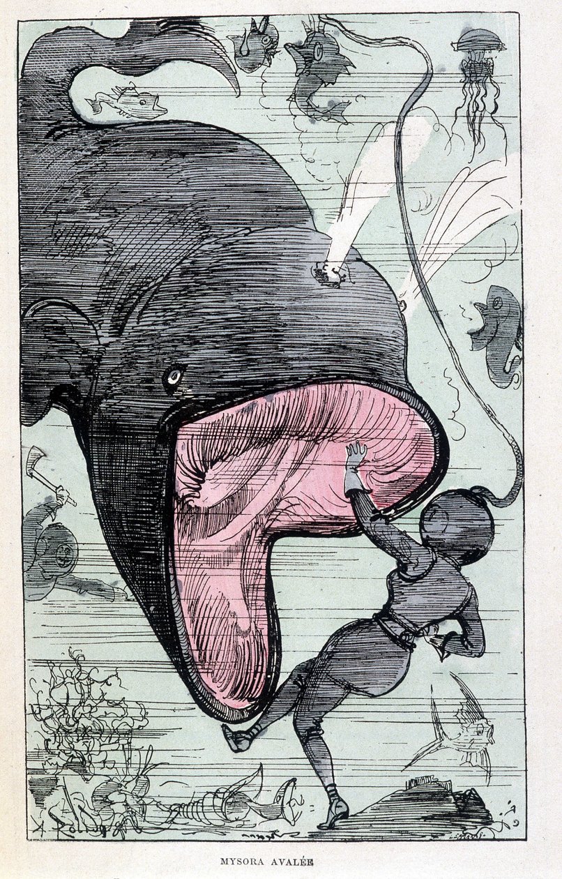 Kvinde i en scaphandler, der bliver slugt af en hval, parodi på Jules Verne, "" Meget ekstraordinære rejser af Saturnin Farandoul i 5 eller 6 dele af verden og i alle lande kendt eller ukendt for M. Jules Verne" af Robida, Paris af Albert Robida
