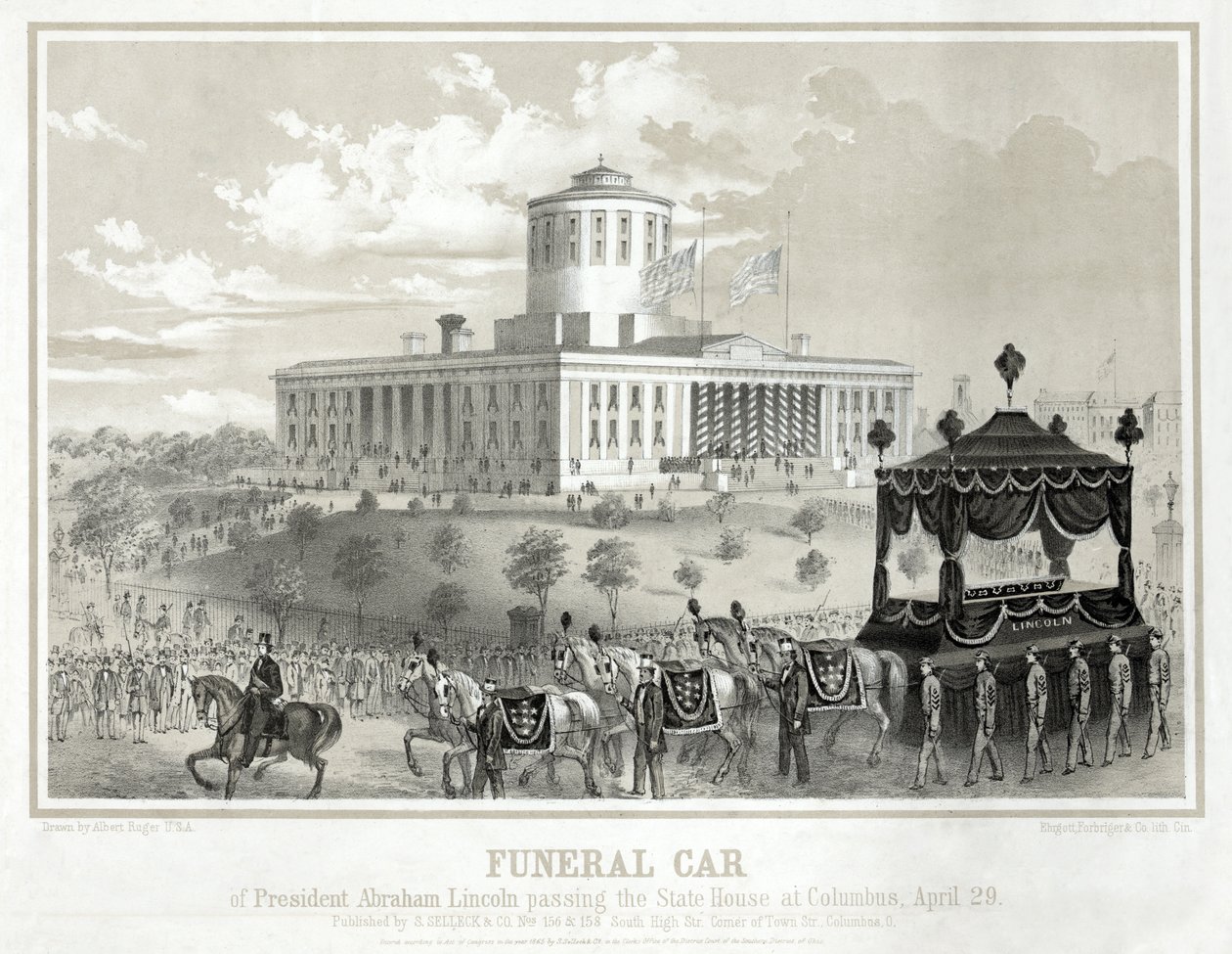 Præsident Abraham Lincolns begravelsesvogn passerer State House i Columbus, den 29. april, pub. 1865 (gravering) af Albert Ruger