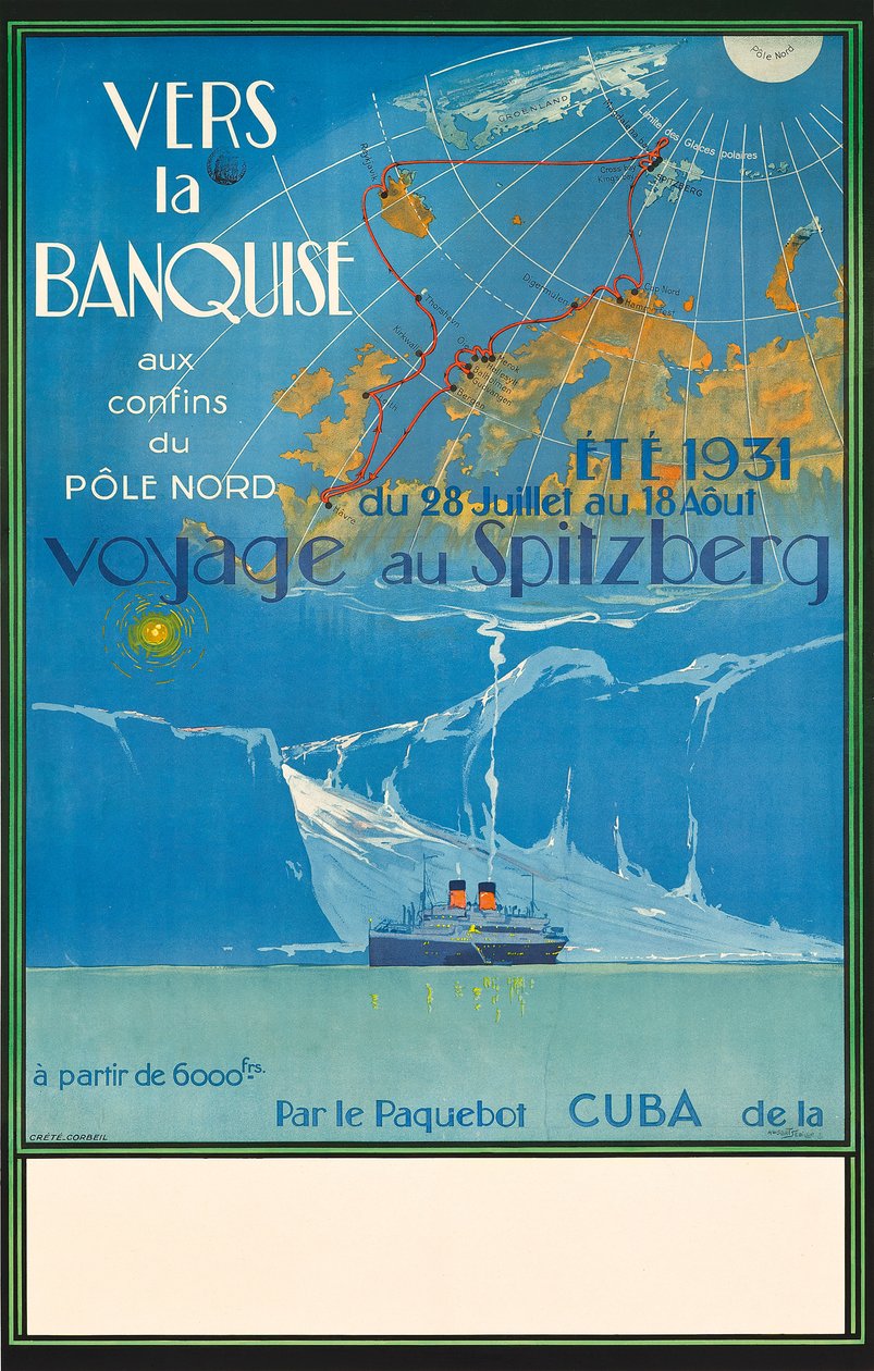 Plakat med reklame for rejse til Spitzberg, Norge, ca. 1931 (farvelitografi) af Albert Sébille