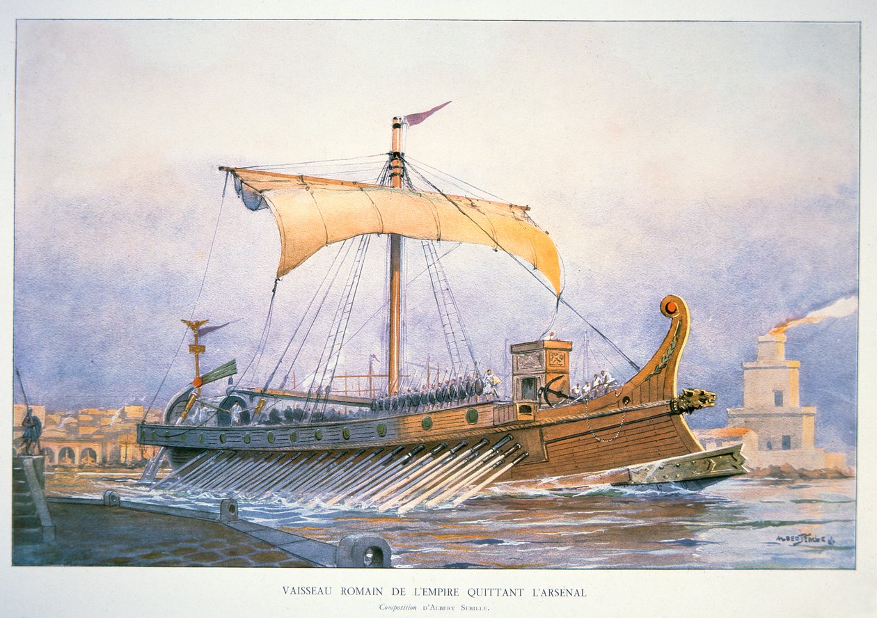 Romersk kejserligt skib forlader havnen, ca. 1930 (farvelitografi) af Albert Sébille