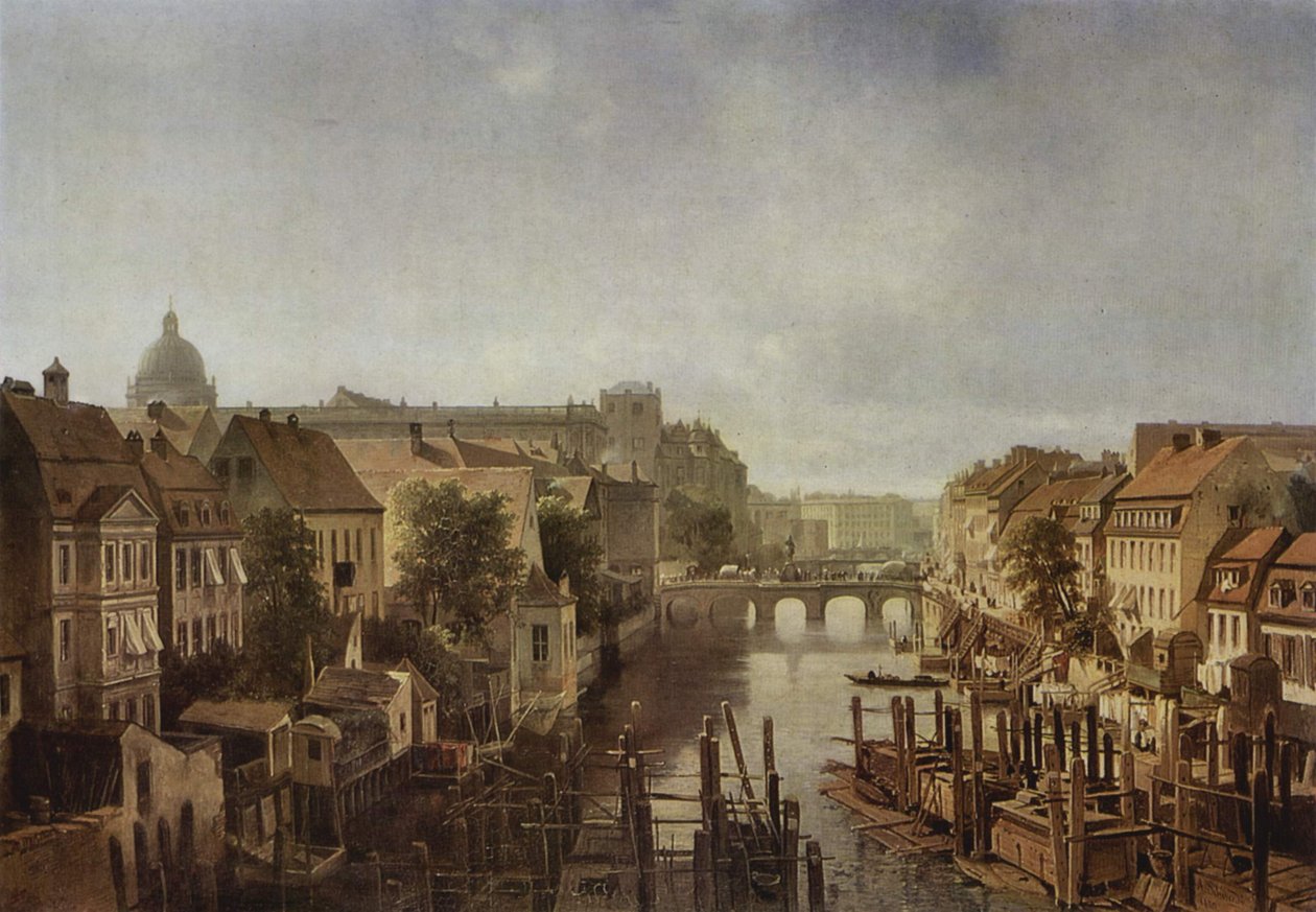 Udsigt fra de kongelige møller ved Mühlendamm til Lange Brücke i Berlin af Albert Schwendy