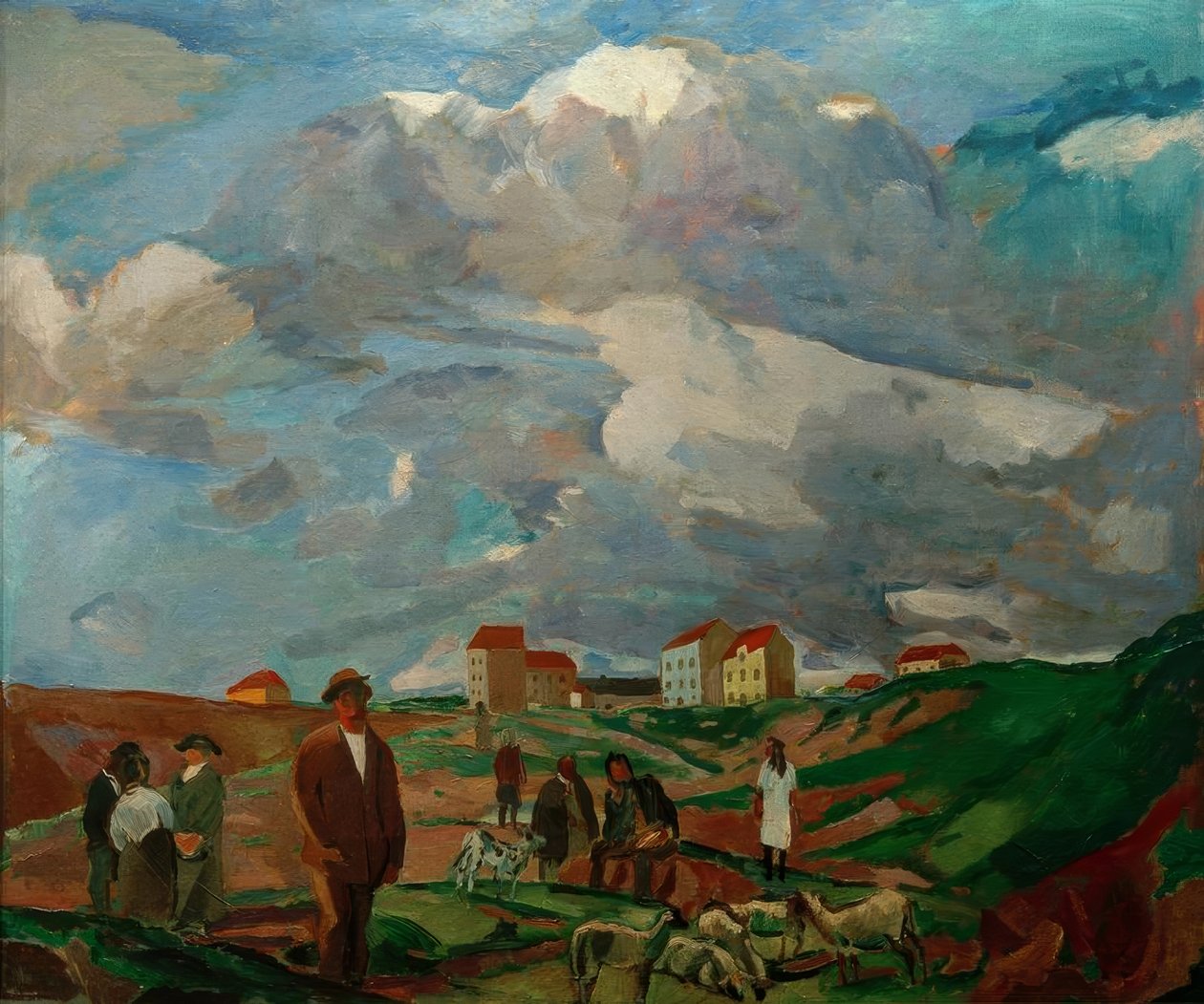 Forstadshuse (med mennesker og flok får) af Albert Weisgerber