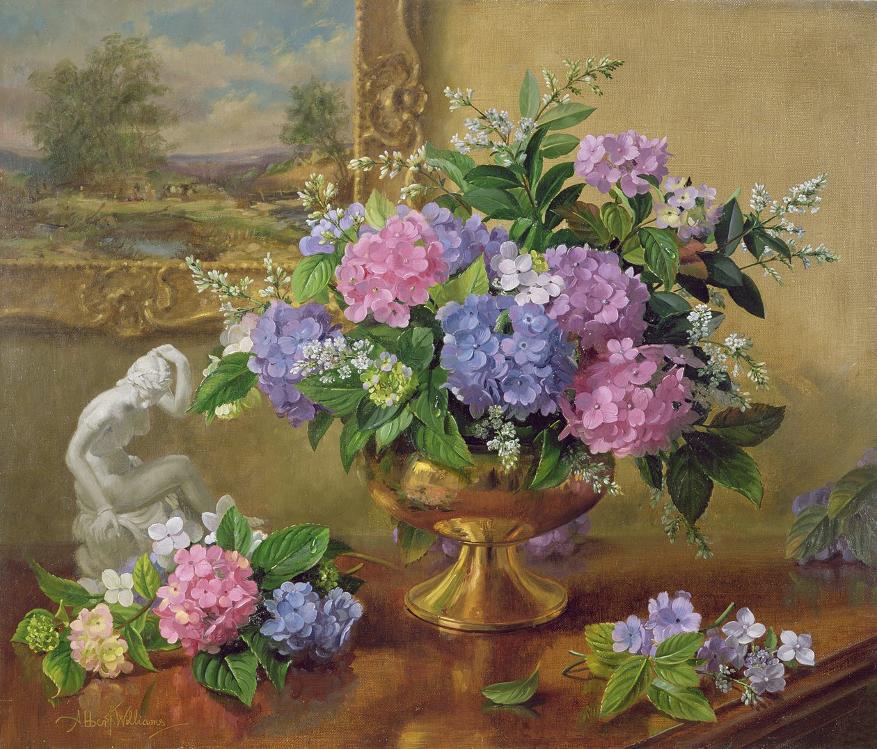 AB211B Stilleben af hortensiaer og syrener af Albert Williams