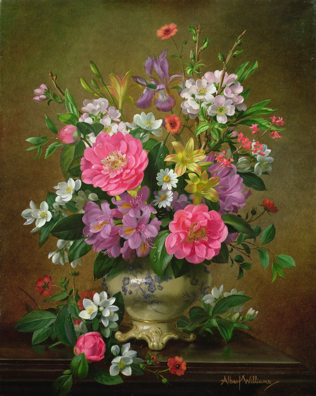 Blomster, iris og pæoner i en keramisk vase (A31) af Albert Williams