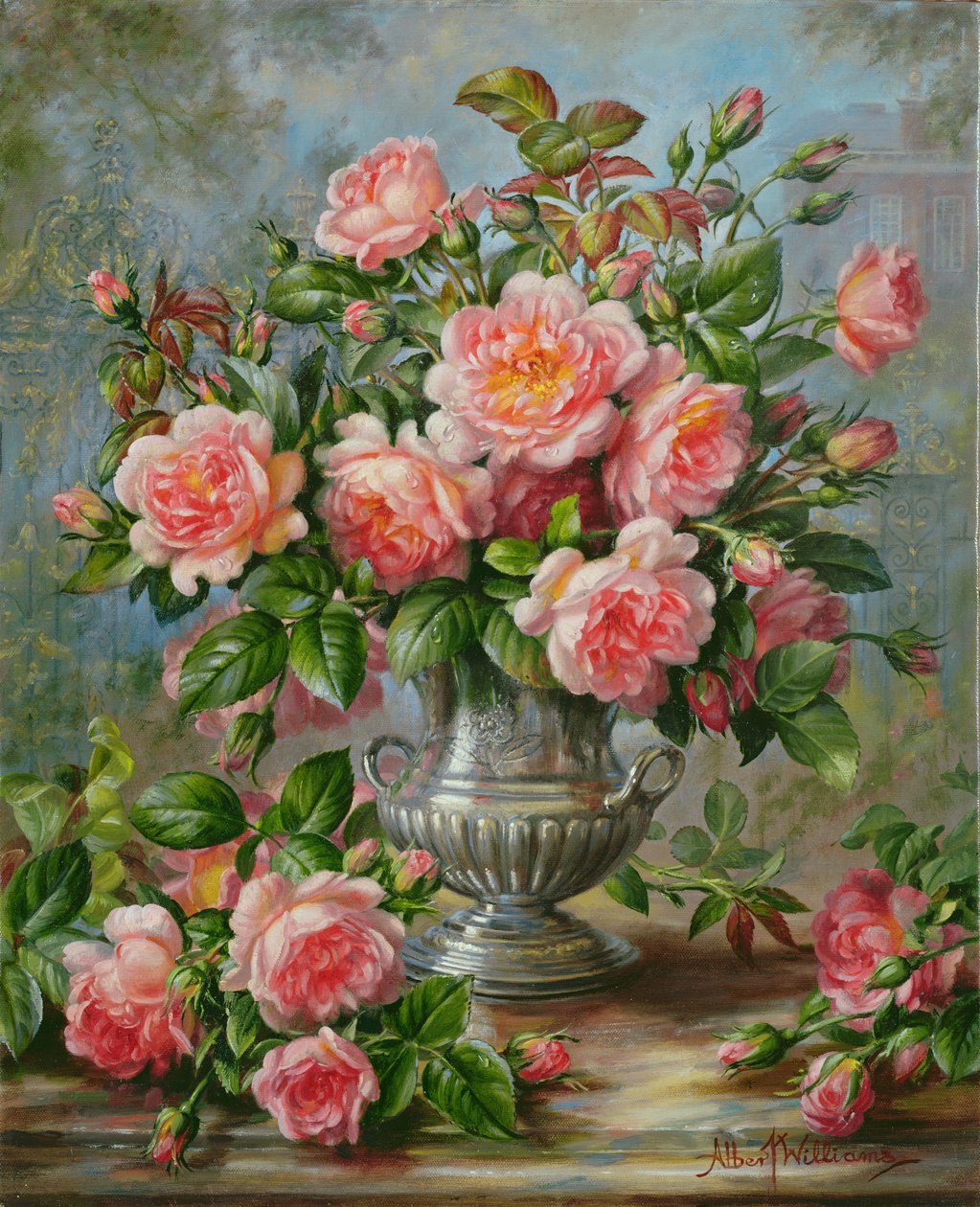 Engelske Elegance Roses i en sølvvase af Albert Williams