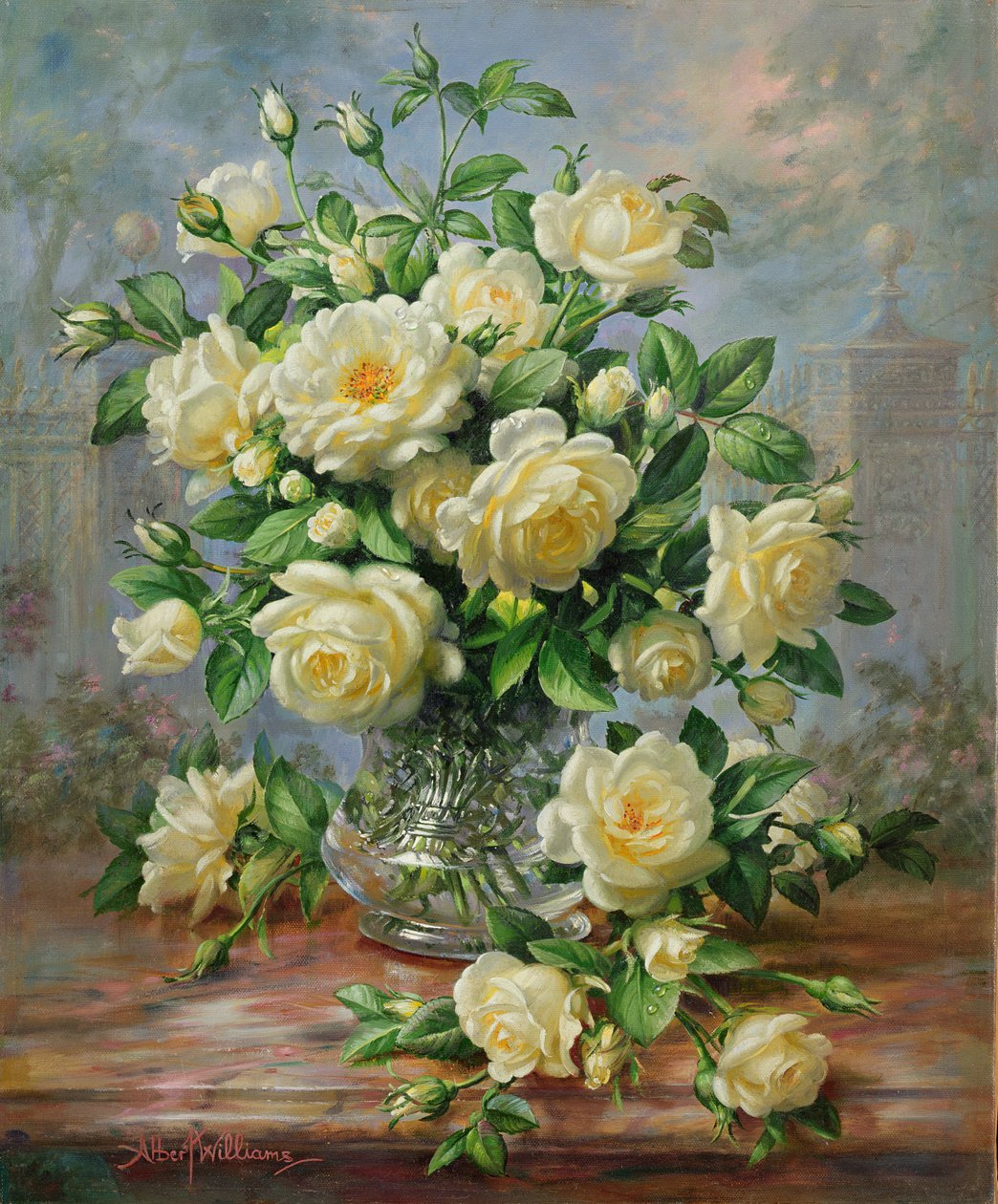 Prinsesse Diana Roses i en udskåret glasvase af Albert Williams