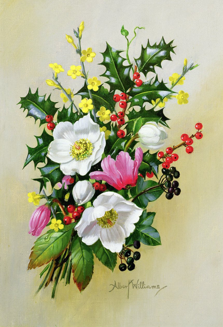 Spray af Dogrose, Holly, Mistelten og Lærkespore af Albert Williams