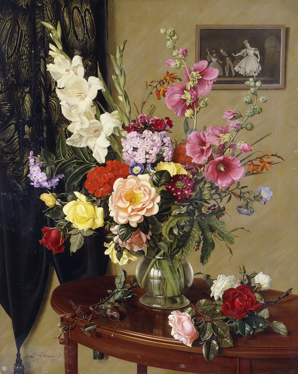 Stilleben med gladioler, roser og stokroser foran et broderet gardin af Albert Williams