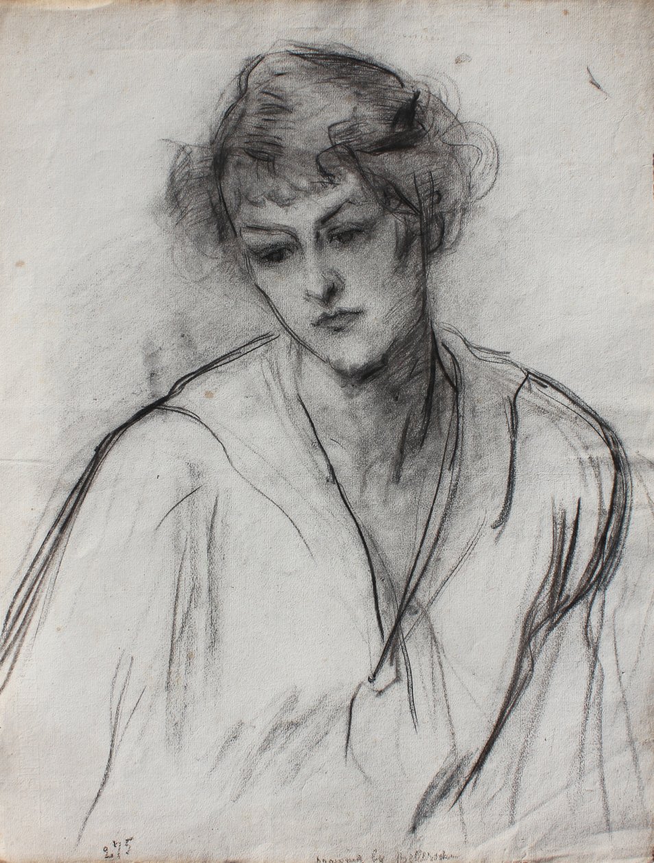 Halvlængde portræt af en ung pige, lænet frem, ca. 1910 (sort kridt på papir) af Albert de Belleroche