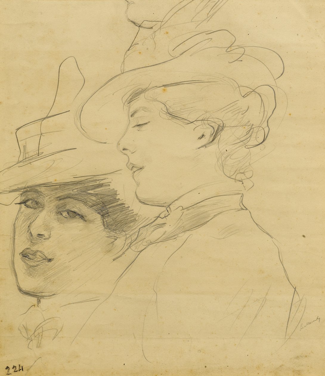 Hovedet af en kvinde iført en dekoreret hat, profil og trekvart udsigt, ca. 1900 (blyant på lysebrunt papir) af Albert de Belleroche