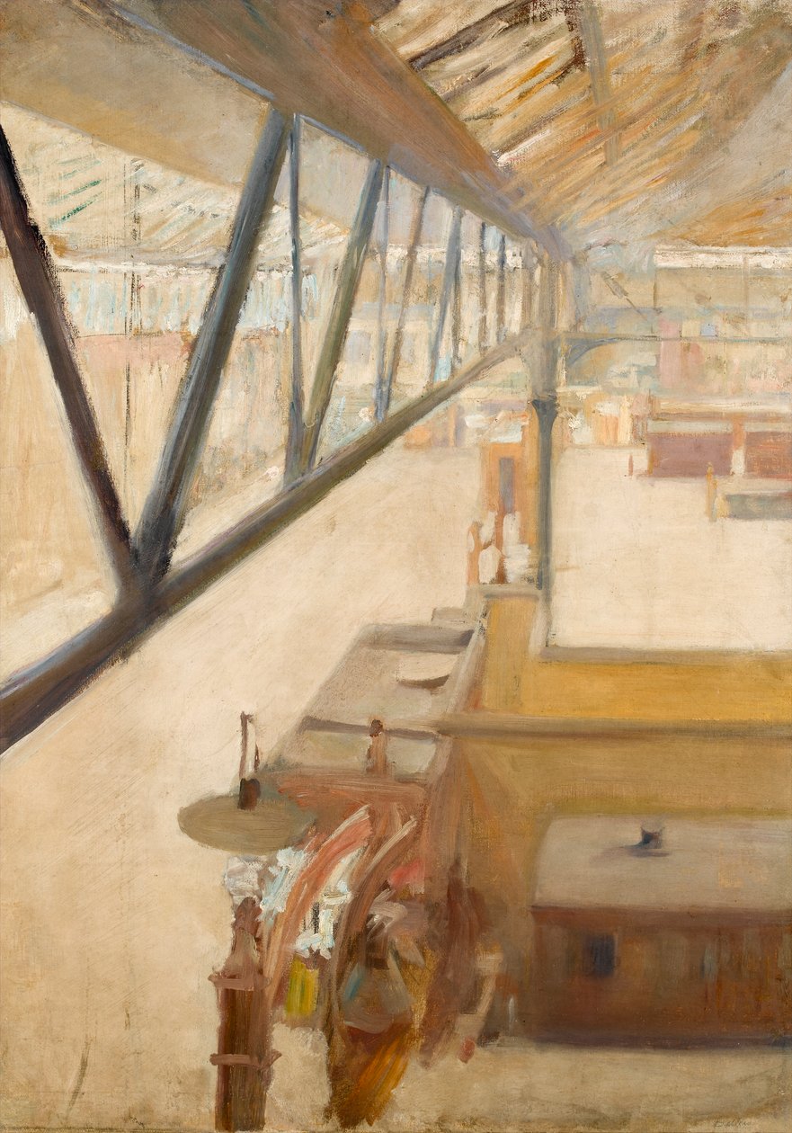 Udsigt over en jernbanestation, ca. 1900 (olie på lærred) af Albert de Belleroche