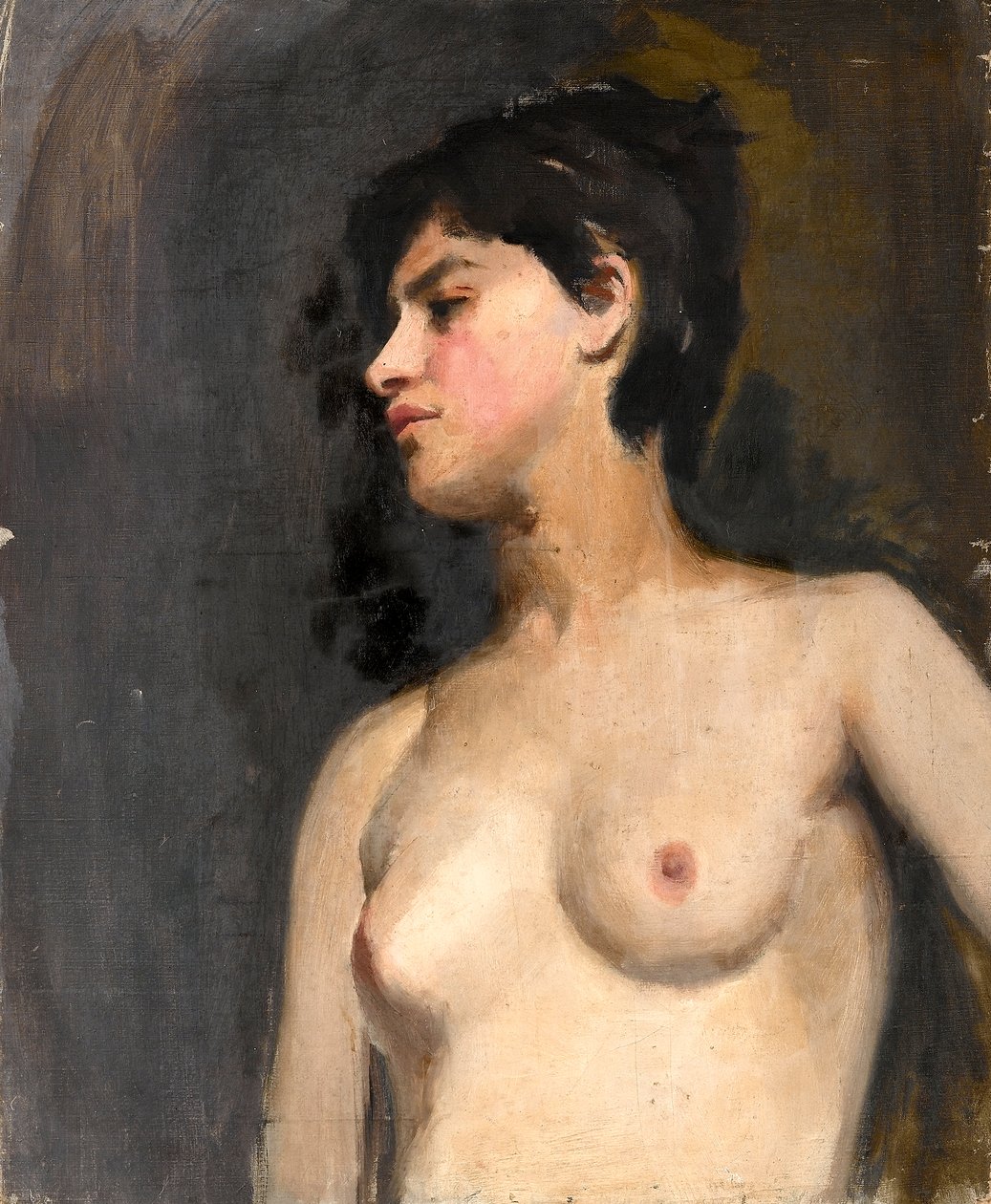 Kvinde semi-nøgen. Sort baggrund. Omkring 1880 af Albert de Belleroche