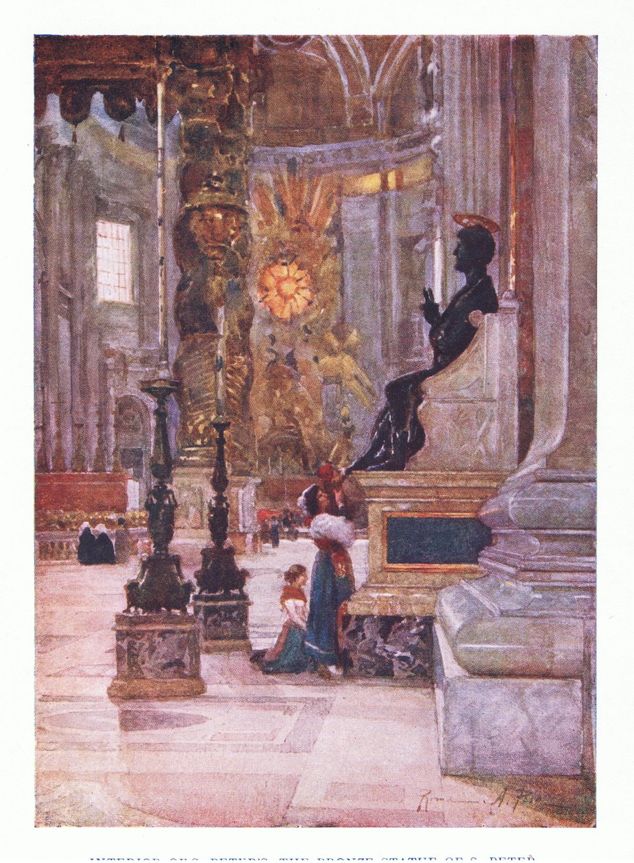 Interiør af St. Peters, bronzestatuen af Peter, fra Rom udgivet af A & C Black Ltd, 1925 af Alberto Pisa