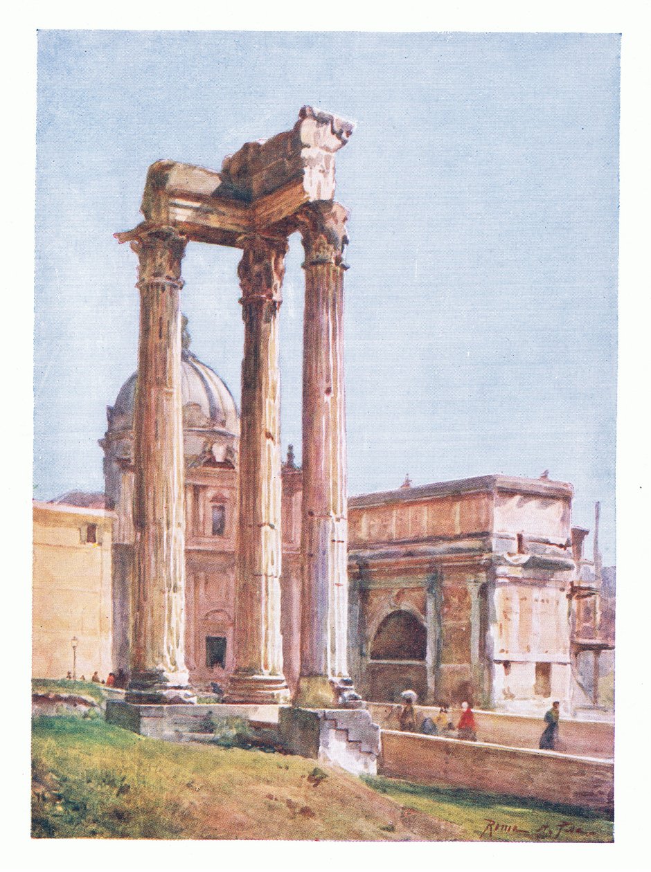 Vespasians tempel, fra Portico of the Dii Consentes, fra Rom udgivet af A & C Black Ltd, 1925 af Alberto Pisa