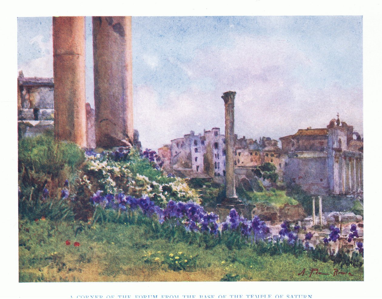 Hjørnet af Forum, fra bunden af Saturntemplet, fra Rom udgivet af A & C Black Ltd, 1925 af Alberto Pisa