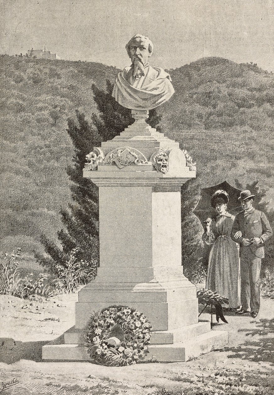 Monument for Paolo Giacometti (1816-1882) på Staglieno-kirkegården, Genova, Italien, stik efter tegning af Alberto della Valle, fra L