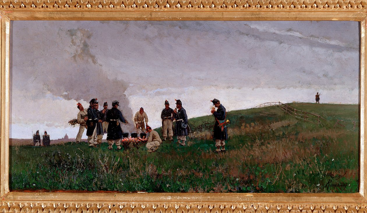 Omkring bålet. Bivuak af soldater fra den italienske hær (olie på lærred af Alberto Issel