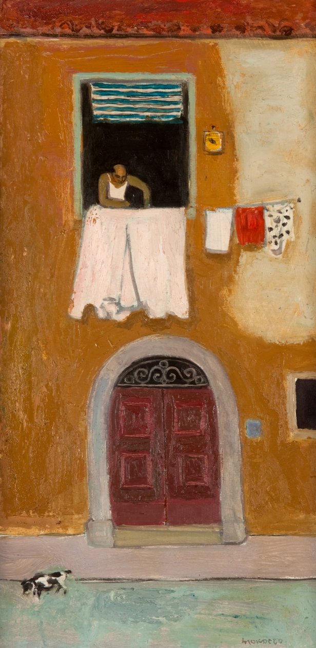 Vindue i Orbetello, ca. 1980 (olie på bord) af Alberto Morrocco