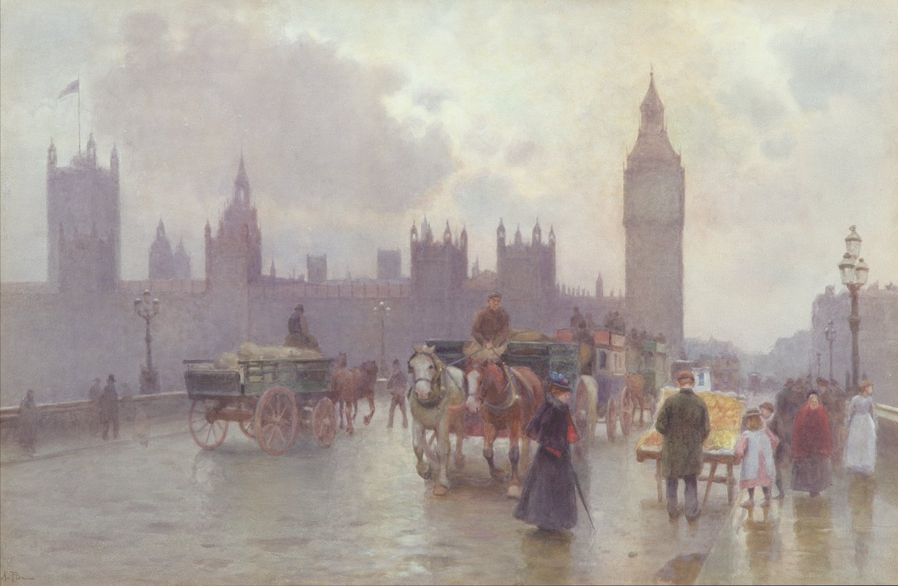 The Houses of Parliament fra Westminster Bridge, ca. 1900 (wc på papir) af Alberto Pisa