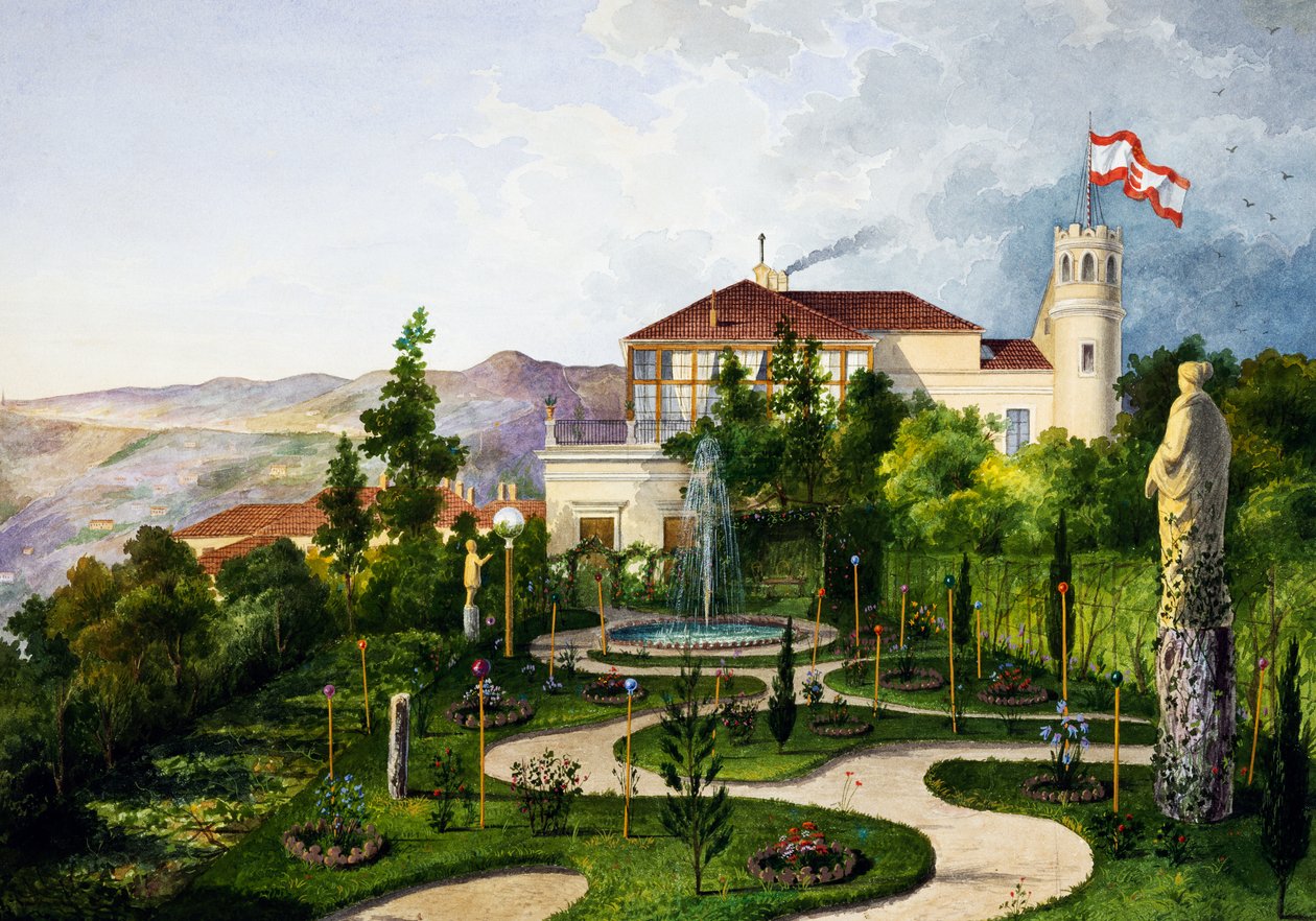 Eksteriør med have, sydvest for Villa Lazzarovic Triestes residens for Maximilian af Habsburg (1832-1867) af Alberto Prosdocini or Prosdocimi