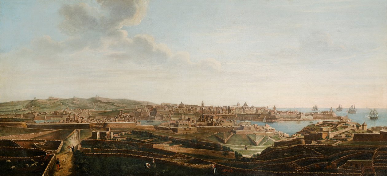 En af et sæt på syv udsigter over Valletta, Malta og dens omegn, ca. 1753 (olie på lærred) af Alberto Pullicino