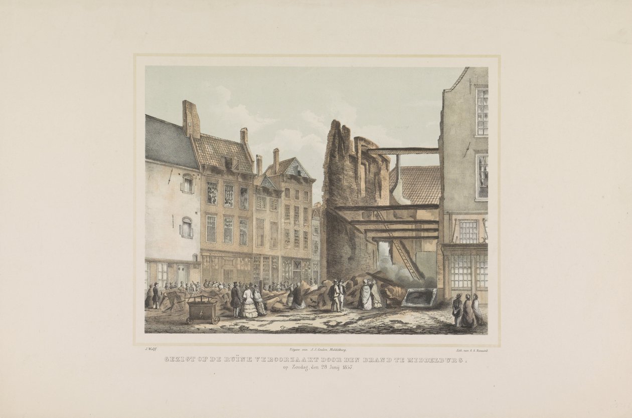Udsigt over ruinen forårsaget af branden ved Middelburg. søndag den 28. juni 1857. (titel på objekt) af Albertus Anthonius Nunnink