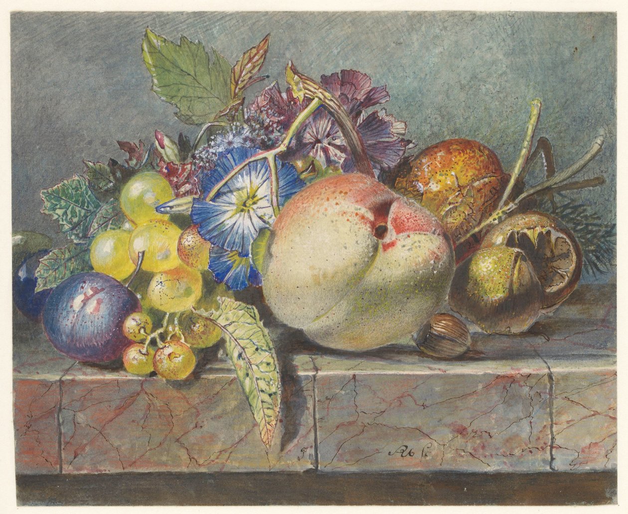 Frugt og blomster stilleben af Albertus Steenbergen