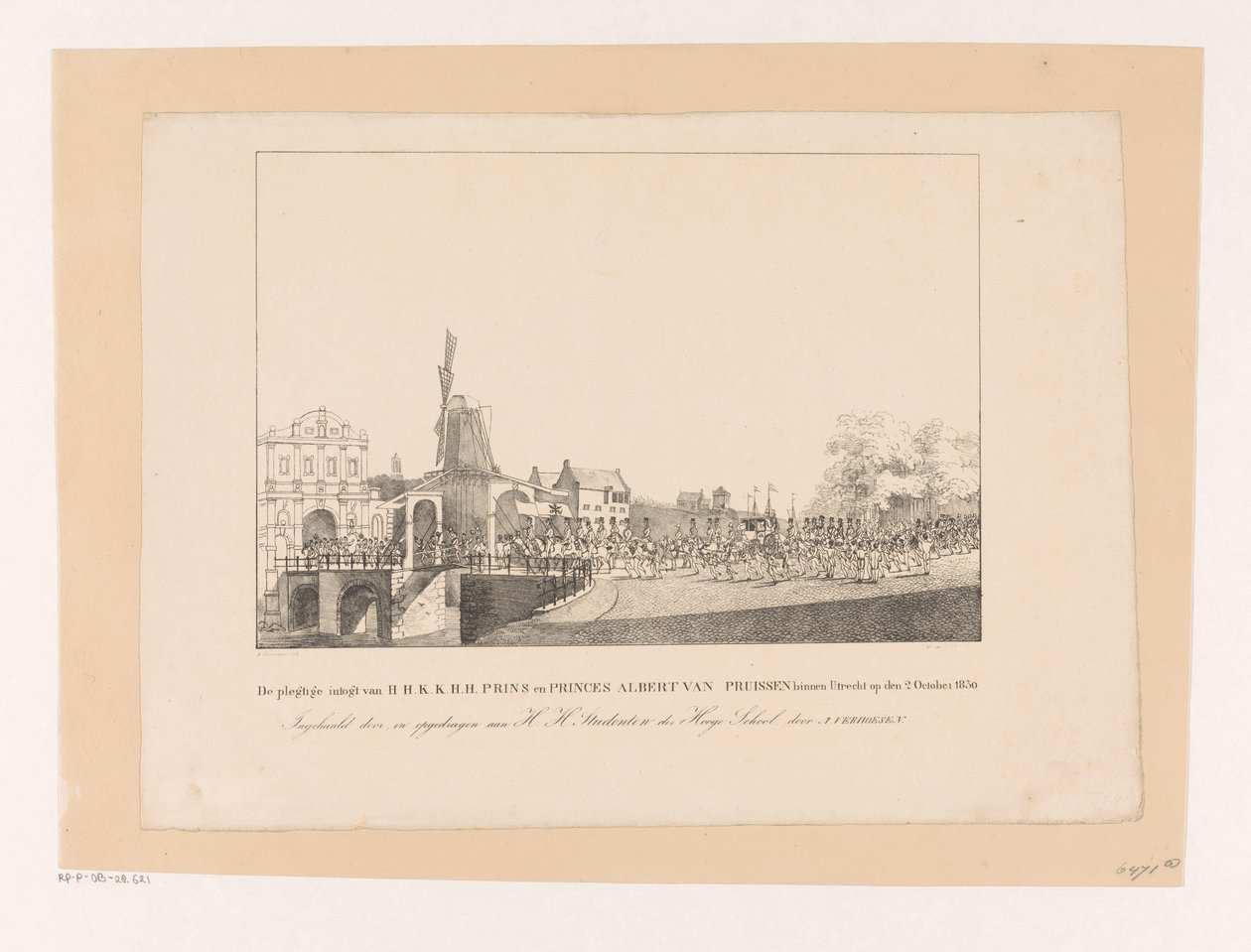 Prinsesse Marianne og hendes mand Prins Alberts indtræden i Utrecht, 1830 Den højtidelige indtræden af ​​H.H.K.K.H.H. Prins og Prinser Albert af Preussen i Utrecht den 2. oktober 1830 (titel på objekt) af Albertus Verhoesen