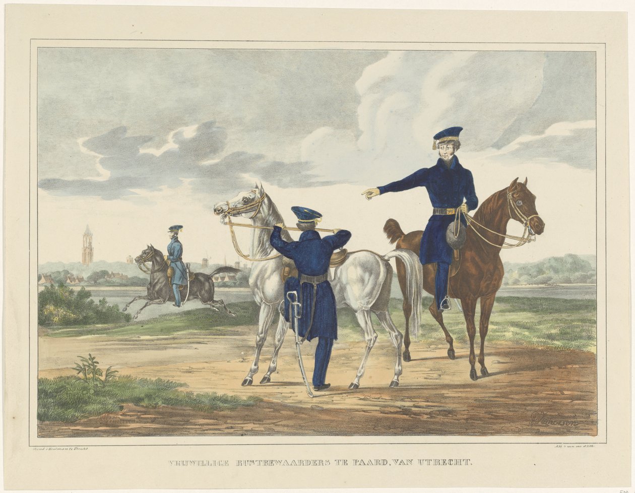 Frivillige hvilepassere til hest fra Utrecht, 1830 Frivillige hvilepassere til hest, fra Utrecht (titel på objekt) af Albertus Verhoesen
