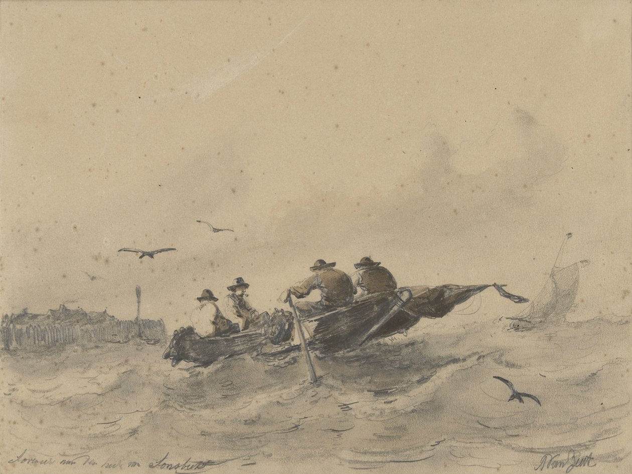 Fire mand i en robåd af Albertus van Beest