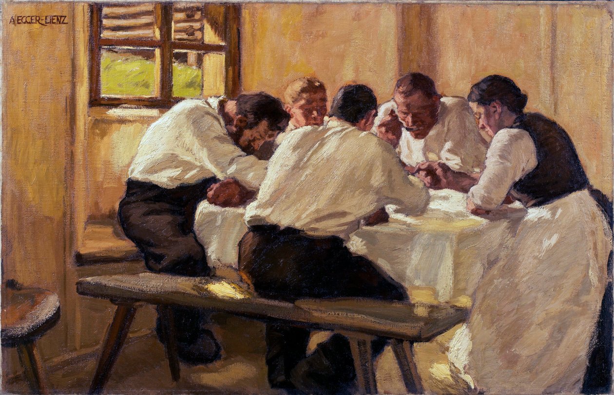 Repas, la soup (version 2) (Frokost (The Suppen, Version II) Maleri af Albin Egger Lienz (1868-1926), olie på lærred af Albin Egger Lienz