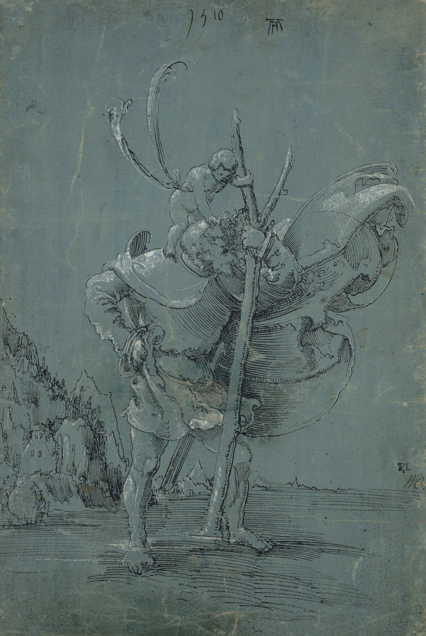 Saint Christopher, 1510 (pen og sort blæk med hvid blyant på grønblåt papir) af Albrecht Altdorfer