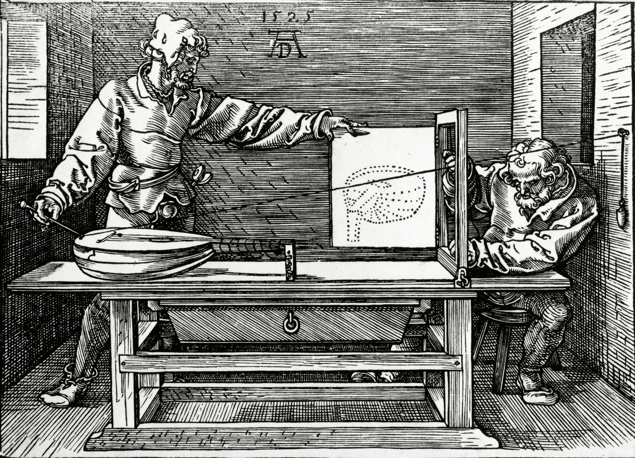 En kunstner tegner en lut ved hjælp af et perspektivisk apparat, illustration fra Durers "Fire bøger om målestokke", udgivet i 1525 af Albrecht Dürer