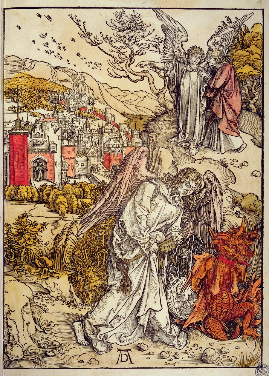 Engel med afgrundens nøgle, 1498 (farvetræsnit) af Albrecht Dürer