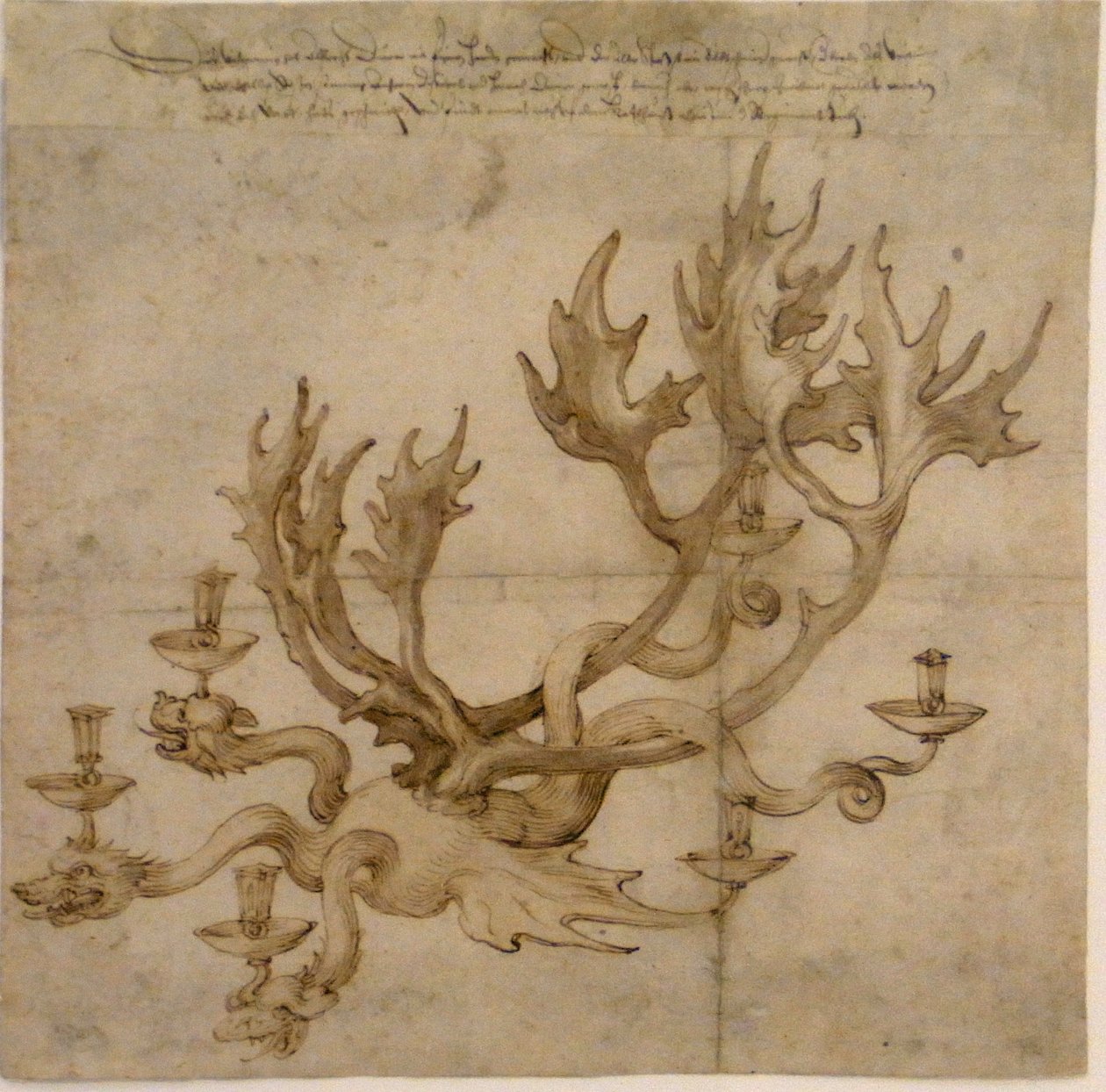 Design til en lysekrone med rensdyrgevir af Albrecht Dürer