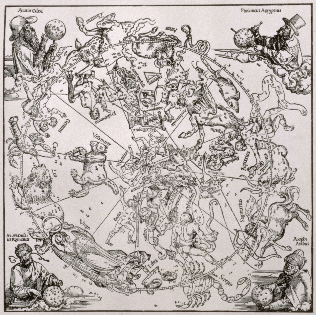 Kort over den nordlige himmel med afbildninger af stjernebillederne, ca.1515 af Albrecht Dürer