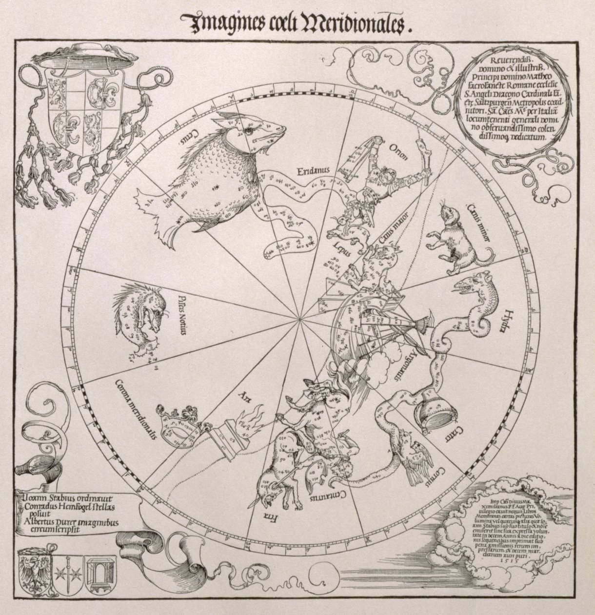 Kort over den sydlige himmel, med repræsentationer af konstellationer, dekoreret med kardinal Lang von Wellenburgs emblem og en dedikation til ham med hans våbenskjolde og den kejserlige ophavsret, 15 af Albrecht Dürer