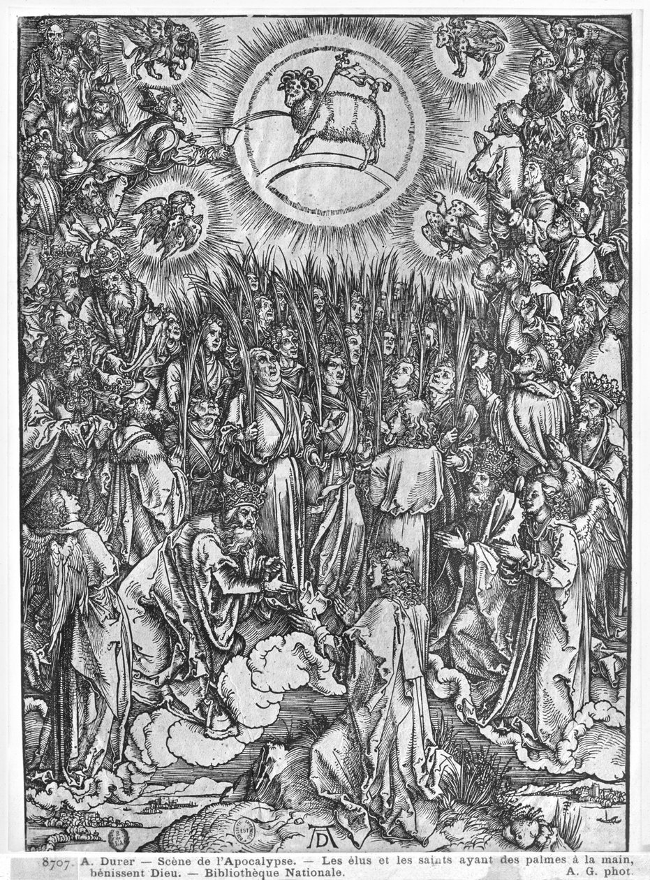 Scene fra Apokalypsen, Tilbedelse af lammet, tysk udgave, 1498 af Albrecht Dürer