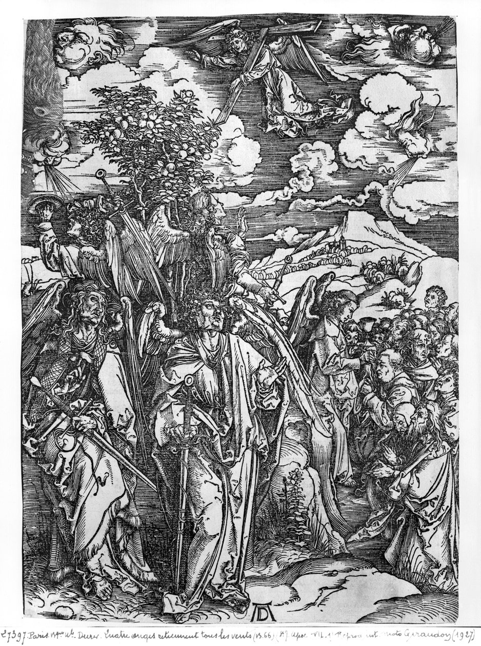 Scene fra Apokalypsen, De fire engle holder vindene, latinsk udgave, 1511 af Albrecht Dürer