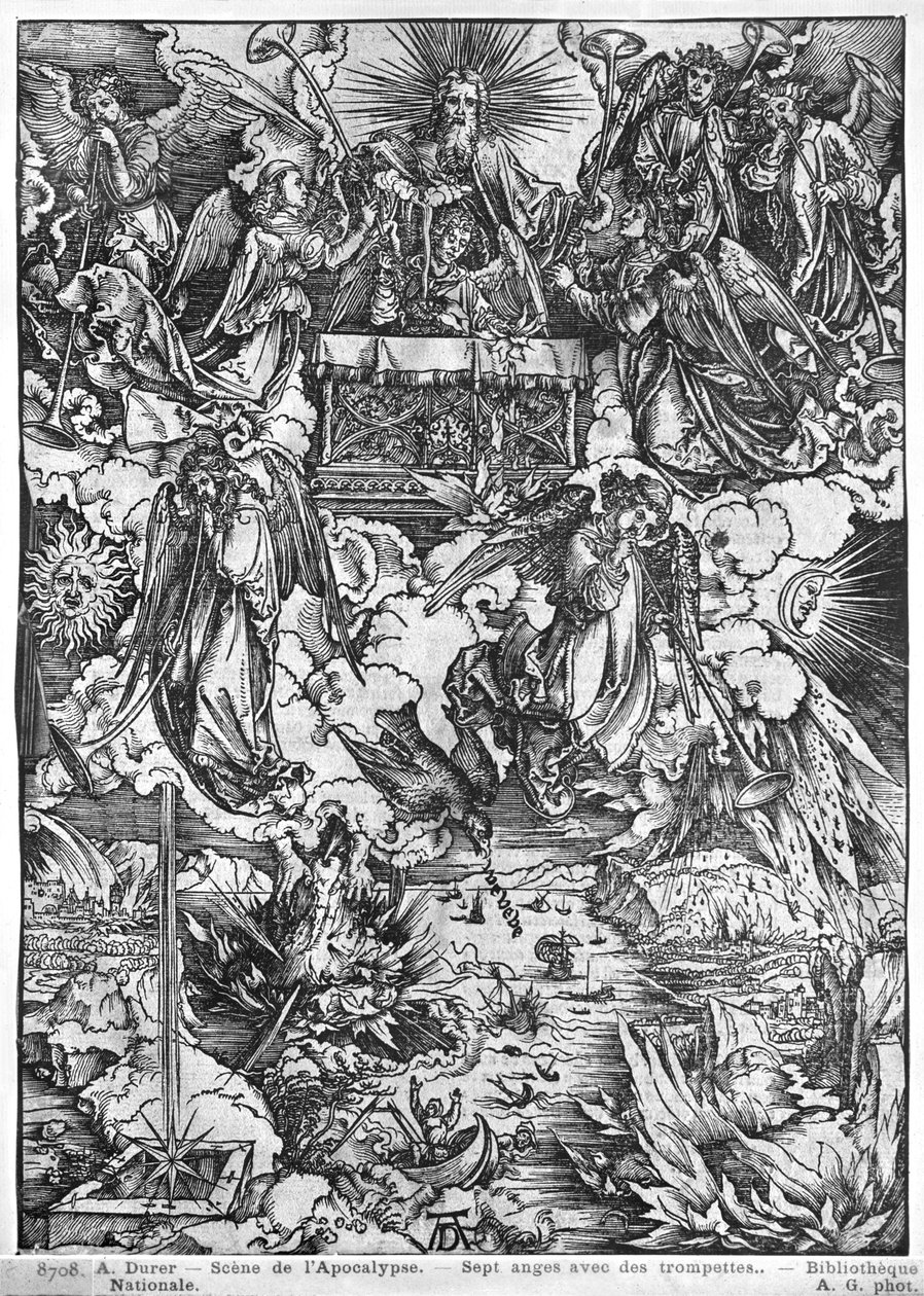Scene fra Apokalypsen, Åbningen af det syvende segl, De syv engle med trompeterne, latinsk udgave, 1511 af Albrecht Dürer