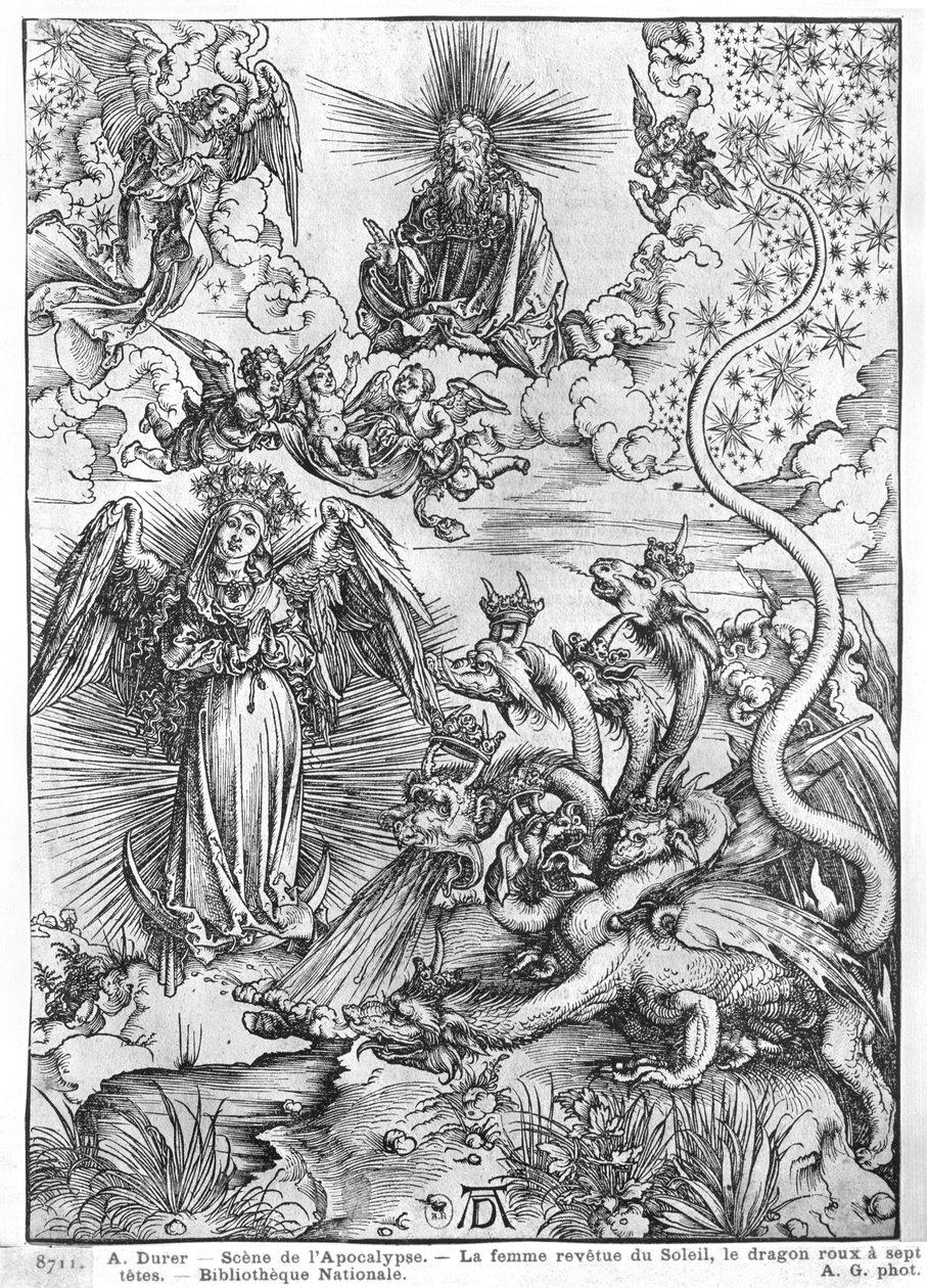 Scene fra Apokalypsen, Kvinden klædt i solen og den syvhovedede drage, latinsk udgave, 1511 af Albrecht Dürer