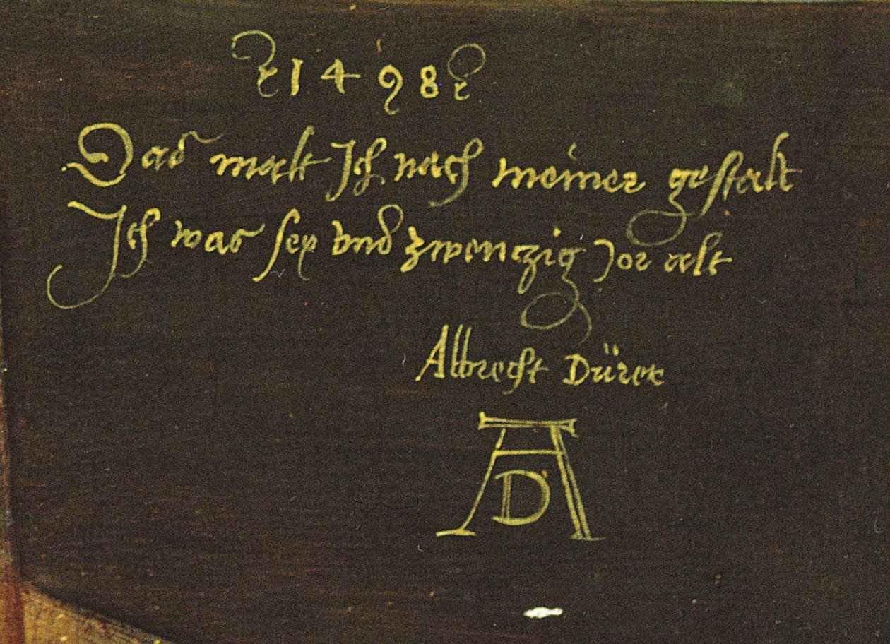 Selvportræt med handsker, signaturdetalje, 1498 (detalje af 545) af Albrecht Dürer