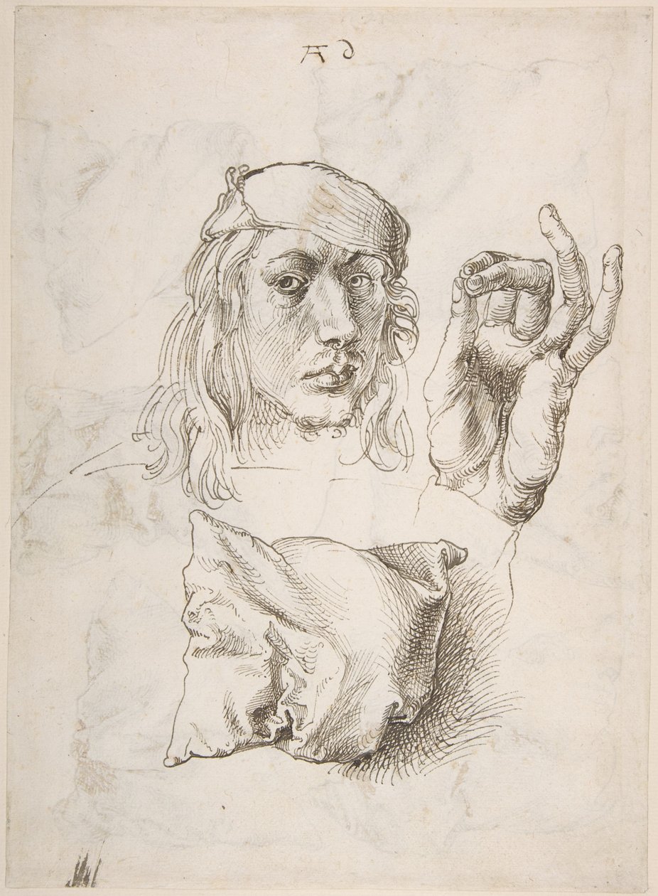 Selvportræt, undersøgelse af en hånd og en pude af Albrecht Dürer