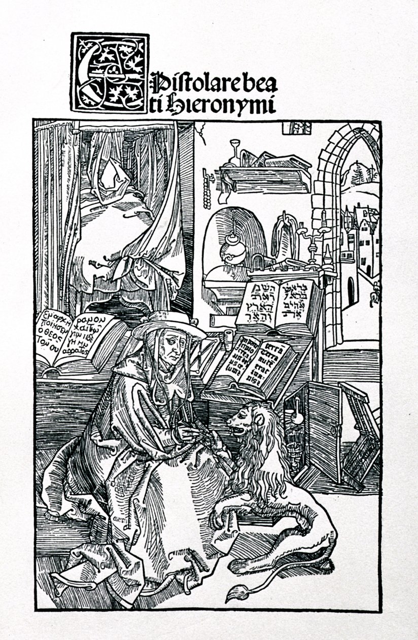 St. Hieronymus i sit arbejdsværelse, der trækker en torn fra en løvepote, frontispice til en samling af St. Jeromes breve, pub. 1492 af Albrecht Dürer